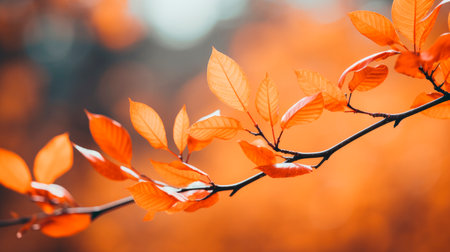Autumn  leaves on the tree branch with a beautiful nature bokeh background. Beautiful autumn foliage, warm orange mood.の素材