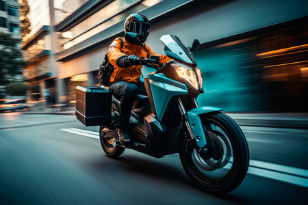 Delivery driver on a motorcycle. The motorcycle is equipped with a large delivery box at the rear. Shipping fast delivery man riding motorcycle on the evening city street.の素材