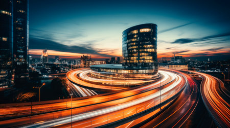 Light trails in the modern metropolis at evening time,long exposure photography effect. Car light trails and urban landscape.AI generated.の素材