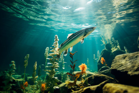 Freshwater fish underwater on a lake with a stones and water plants. The sunlight reflects a beautiful light on them.AI generated.の素材