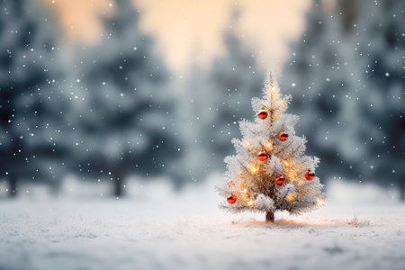 Merry Christmas background with a Christmas tree at winter forest. Elegant Christmas Card  with a Shining Fir.AI generatedの素材