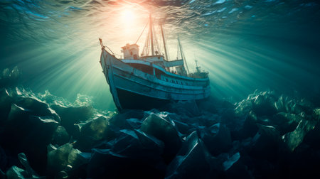 A wreck of a ship lying on the seabed  and the sunlight reflects a beautiful light on him. Sunken ship lying on ocean bottom.の素材