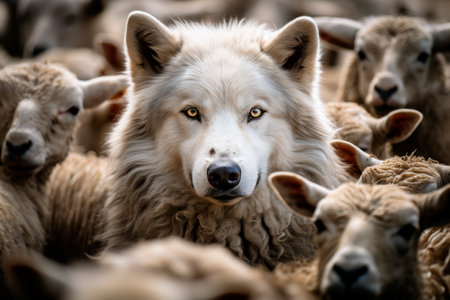 The wolf Canis lupus surrounded by a flock of sheep. Concept for  playing a role contrary to their real character with whom contact is dangerous.AI generatedの素材