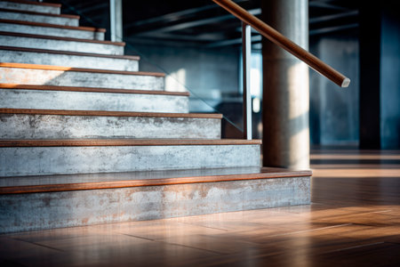 Modern staircase with metal and wood steps. Stairs with metal handrails leading from the bottom to the upper floor.AI generatedの素材