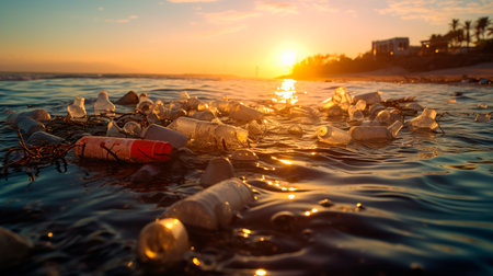 Ecological disaster of plastic garbage in the ocean.Environment concept. A beach completely polluted by plastic waste washed up by the ocean. AI generatedの素材