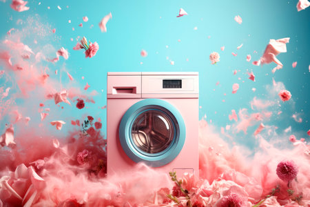 Concept for laundry. Washing machine surrounded by explosion of washing powder and pink flowers . Cleanliness and long lasting fragrance.AI generatedの素材