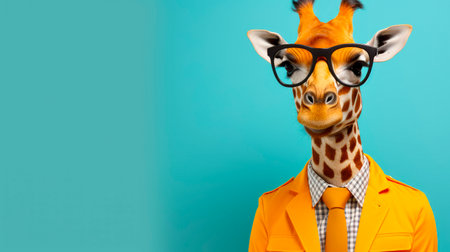 Trendy giraffe with a yellow jacket and glasses on a blue color background, copy space. AI generatedの素材