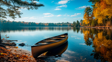 An yellow canoe parked on a lake with spectacular landscape. AI generatedの素材