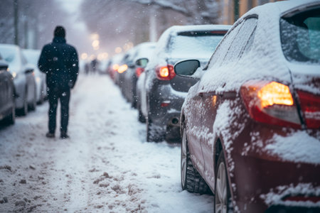 Cars on traffic jam in a blizzard. Cars have to slow down when the winter weather turns nasty.Traffic jam caused by heavy snowfall. Severe driving conditions in a  winter. AI generatedの素材