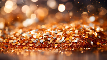 Golden glitter, beautiful bokeh, background texture. Blurred golden background glitter lights.Gold abstract bokeh background. AI generatedの素材