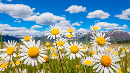 Summer bright landscape with beautiful wild flowers camomiles. Summer flower meadow,floral background banner. AI generatedの素材