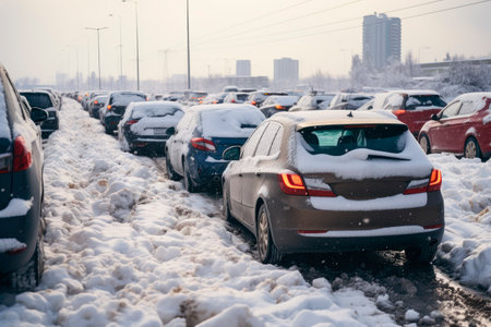 Traffic jam caused by heavy snowfall. Cars have to slow down when the winter weather turns nasty.AI generatedの素材
