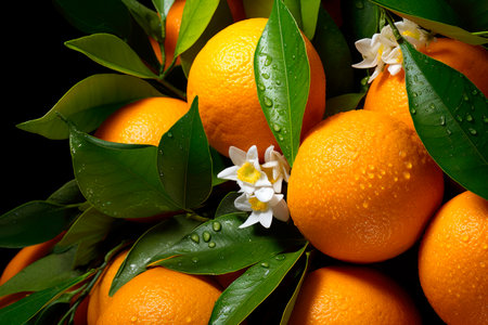 Close-up oranges with leaves and flowers. Pile of fresh orange fruits. AI generatedの素材
