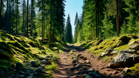 Empty pathway in a coniferous forest covered of green moss.Forest trail in deep woodland .AI generatedの素材