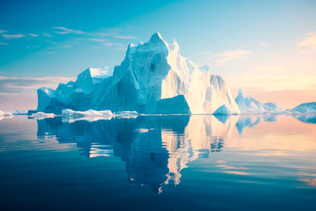 A solitary iceberg drifts on a glassy ocean, its reflection merging seamlessly with the clear sky. Glaciers and the icebergs in the water.AI generatedの素材