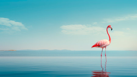 A pink flamingo standing alone in a blue lake water. Pink Flamingo bird in the sea. AI generatedの素材
