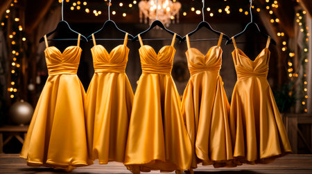 A evening dresses in golden mustard color for special occasions. A glamorous dresses with a deep neckline hanging on a hangers in a store.AI generatedの素材