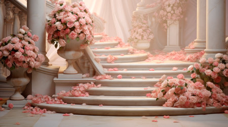 Beautiful porcelain steps leading into an elegant staircase, delicate rose flowers. Stairs adorned with roses. AI generatedの素材