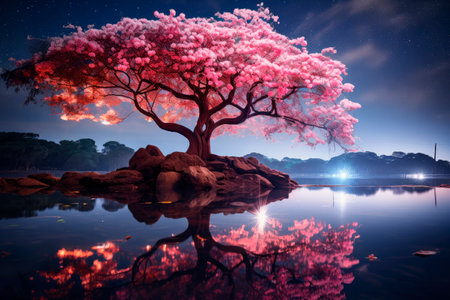 A beautiful cherry tree, with delicate branches and flowers in full bloom, stands out in a night landscape illuminated by the soft light of the moon and stars. Sakura blossoms at night. AI generatedの素材
