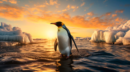 King penguin walking through the cold water at ocean shore against setting sun. AI generatedの素材