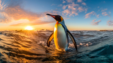 King penguin walking through the cold water at ocean shore against setting sun. AI generatedの素材