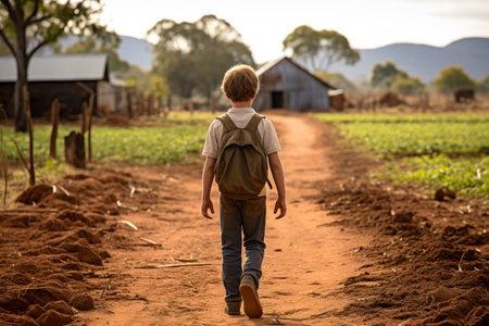 Little school boy walking down a dirt road into  farmlands. Last day at school concept, back view. AI generatedの素材