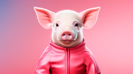 Cute pig wearing red leather jacket. AI generatedの素材