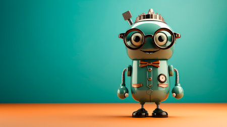 Little cute robot teacher with a glasses. Future education technologies concept. Copy space. AI generatedの素材