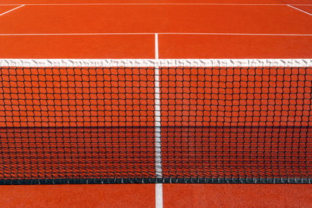 Black tennis net over a red playground outdoors.Tennis net and lines.の写真素材