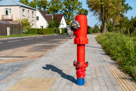 Single red fire hydrant standing on city street. Red fireplug on the pavement.