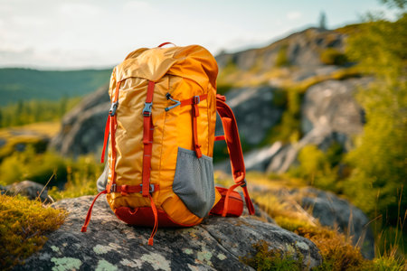 A hiking backpack on a sturdy rock with beautiful mountains landscape. Hiking in a wild nature concept. AI generatedの素材