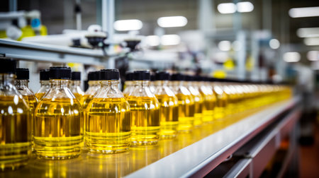 Cosmetics or pharmacy plant with automated equipment. Transparent  bottles filled with yellow substance standing on conveyor line. AI generatedの素材