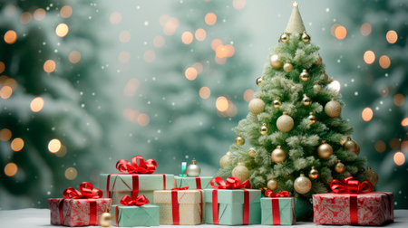 Beautiful decorated christmas tree with present boxes. Christmas Tree with Decorations. AI generatedの素材