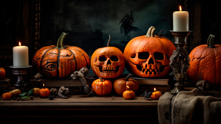 Halloween still life with pumpkins.Conceptual still life on the theme of Halloween. AI generatedの素材