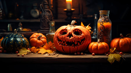 Halloween still life with pumpkins.Conceptual still life on the theme of Halloween. AI generatedの素材