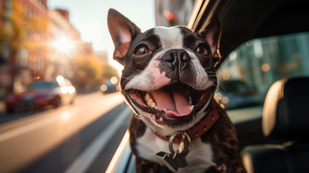 Dog with smile looking out of car window. Dog enjoying from traveling by car. Boston terrier looking through window on road. AI generatedの素材