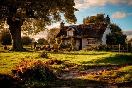 Old abandoned white house on a rural landscape.An old bungalow with a setting sun. AI generatedの素材