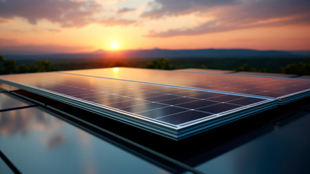 Close-up of solar panel against beautiful setting sun, symbolizing clean energy, technology, sustainability.Solar panels at sunset. AI generatedの素材