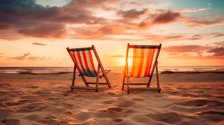 Empty beach chairs on a sandy beach, amazing scenery with setting sun. Empty beach loungers on summer holiday in tropical paradise island.AI generatedの素材