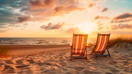 Empty beach chairs on a sandy beach, amazing scenery with setting sun. Empty beach loungers on summer holiday in tropical paradise island.AI generatedの素材