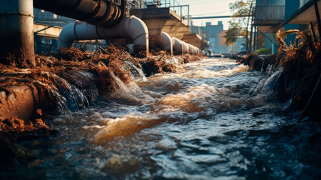 Factories polluting water, environment problems.Dirty water discharged into river.AI generatedの素材