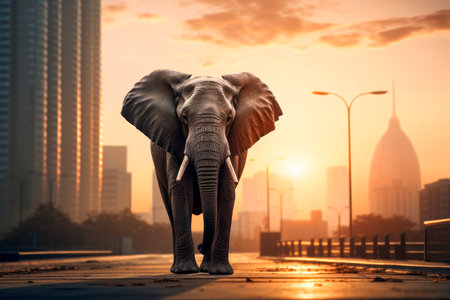 Big elephant in the city walking on the road. An elephant that lives in the city. AI generatedの素材