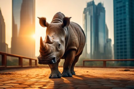 Lonely rhinoceros standing on the empty city square floor with a skyline scenery of glass skyscrapers. A rhino is standing in the middle of a city with tall buildings. AI generatedの素材