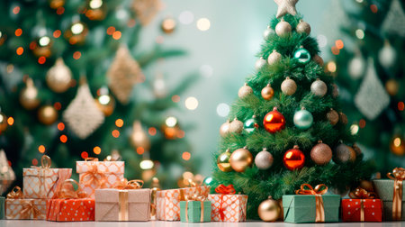 Beautiful decorated christmas tree with present boxes. Christmas Tree with Decorations. AI generatedの素材