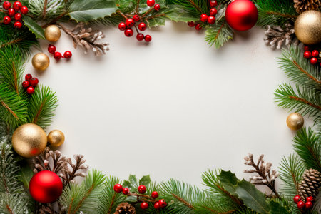 Festive composition of Christmas decorations. Flat lay with copy space. New year holiday frame. AI generatedの素材