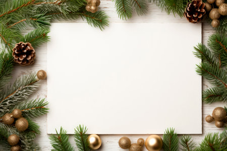 Festive composition of Christmas decorations. Flat lay with copy space. New year holiday frame. AI generatedの素材