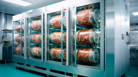 Futuristic laboratory with a cultured meat. Lab grown meat.Cell cultured beef, pork production process. Artificial product. New way of nutrition. AI generatedの素材