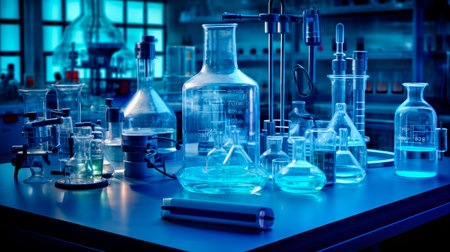 Scientific laboratory, biology and chemistry research lab, experiment and study room. Chemical laboratory workplace interior.AI generatedの素材