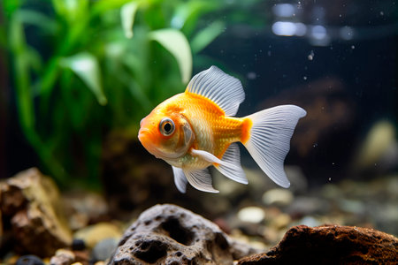 A small goldfish swims in an aquarium with plants and rocks.AI generatedの素材