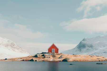 A small cabin in a snowy mountains. Red wooden hut in mountain. AI generatedの素材